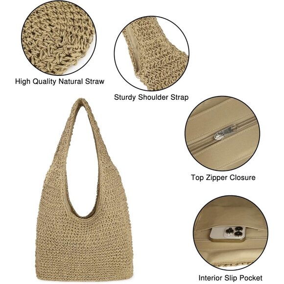 Women's Light Khaki Large Straw Beach Handmade Woven Shoulder Hobo Tote Handbag - Picture 2 of 5